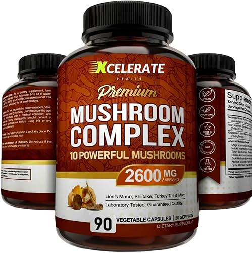 10 potentes hongos complejo de hongos premium 2,600 mg de melena de león extra fuerte Reishi Cordyceps Chaga cola de pavo Maitake Shiitake Enfoque