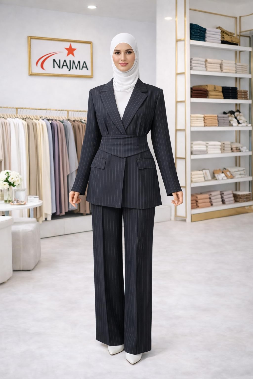 Tailleur Femme Élégant 2 Pièces Rayé – Blazer Ceinturé Structuré et Pantalon Large Fluide – Ensemble Chic