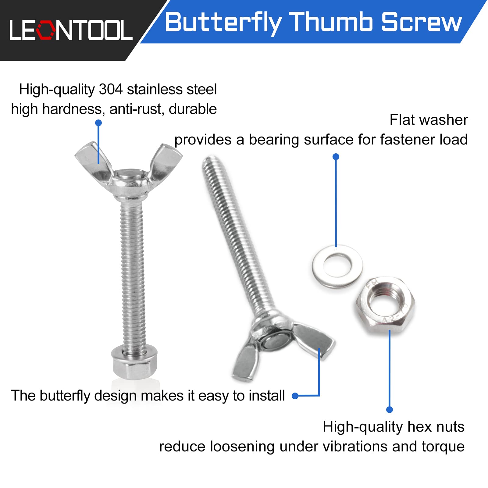 LEONTOOL 12 Pcs Butterfly Thumb Screws with Wing Knob M6x45mm Thumb Screws 304 Stainless Steel Screws Nuts and Washers Butterfly Bolts and Nuts - Image 2