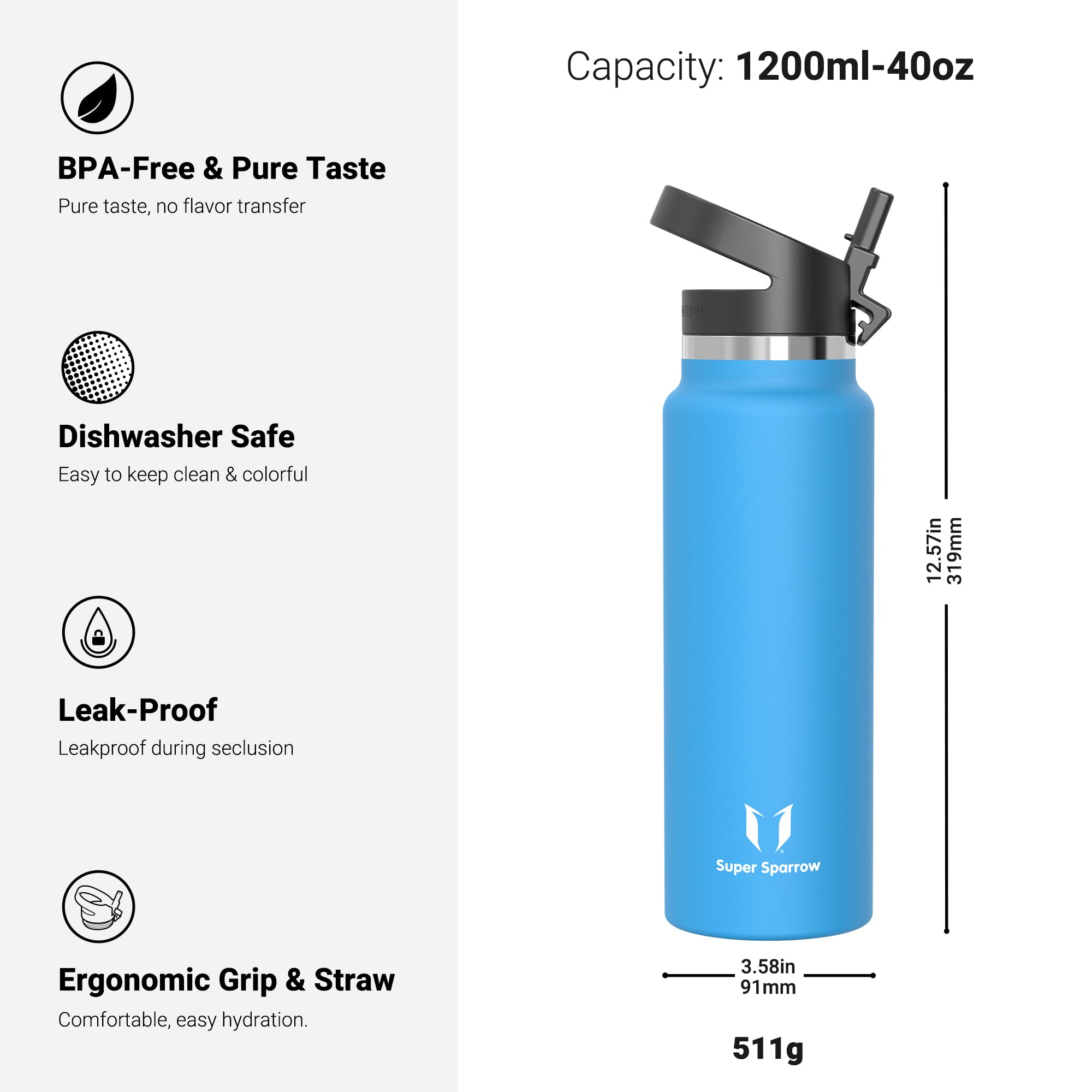 Super Sparrow Borraccia Termica - 500ml, 750ml, 1000ml, 1.2L, 1.5L- SwivelSip Inox Bottiglia - Senza BPA Borracce Termiche, Borraccia Ergonomica per Bambini, Sportiva, Bici, Campeggio, Palestra
