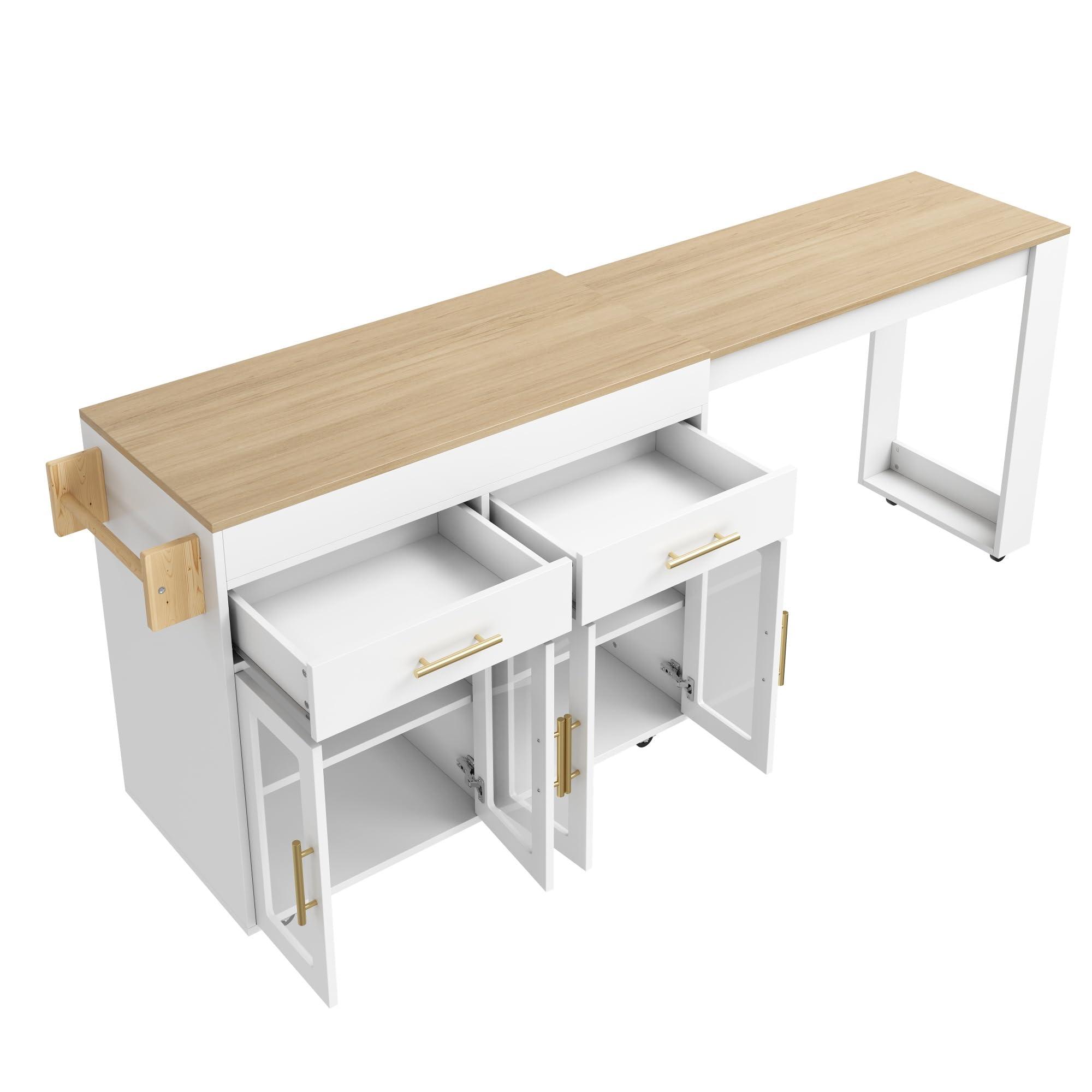 SUKY Isola da cucina mobile con ruote, tavolo da bar allungabile con vano portaoggetti, mobile da cucina con ante in vetro, cassetti e ripiano, bianco, 132,5-217 x 50 x 93 cm