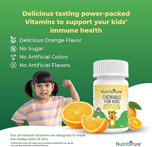 Miniatura 4 de NutritiPure Vitamina D3 masticable (colecalciferol) 25 mcg (1000 UI) + zinc (citrato de zinc) 5 mg + vitamina C 30 mg para niños, sabor naranja