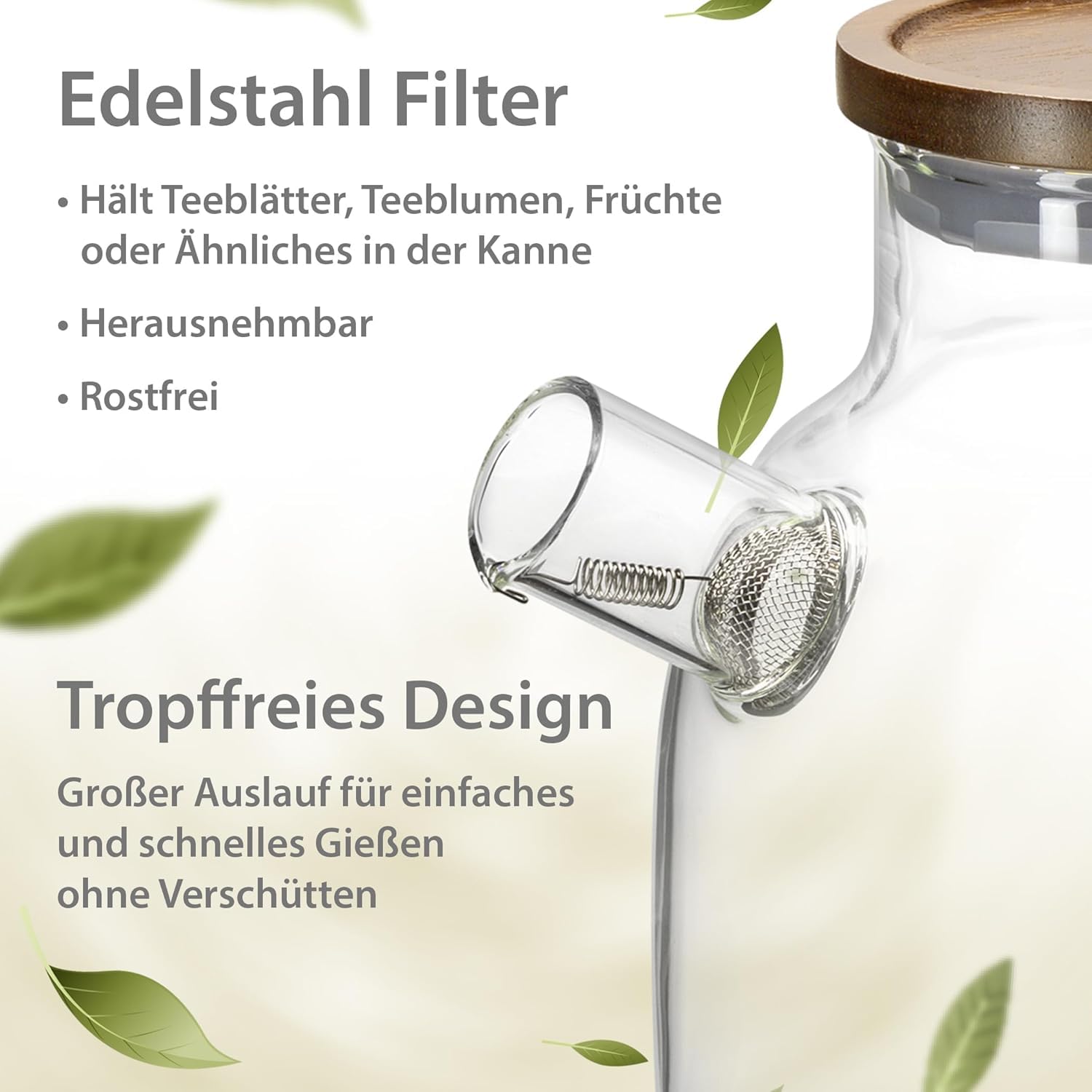 Impolio 1400ml Glas-Teekanne mit Siebeinsatz, Teekanne mit Holzdeckel, Hitzebeständiges Borosilikat Glas, Teekanne mit Sieb, Teekannendesign, Teeservice, Teapot