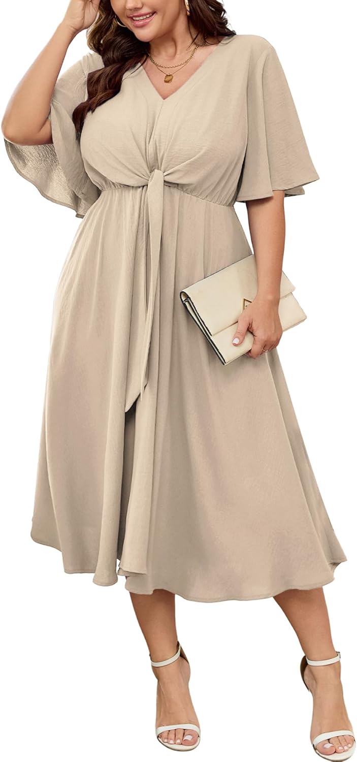 SCOMCHIC Women Plus Size Midi Dresses Flowy V Neck Casual