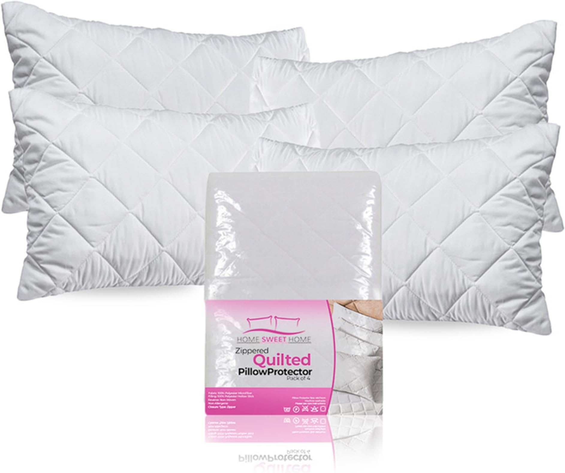 Quilted Pillow Protectors 4 Pack - 100% Microfiber Anti Allergy Pillow Protectors Soft Zip up Pillowcase Protector Quilted Zipped Pillow 48cm x 74cm White Pillowcase Covers