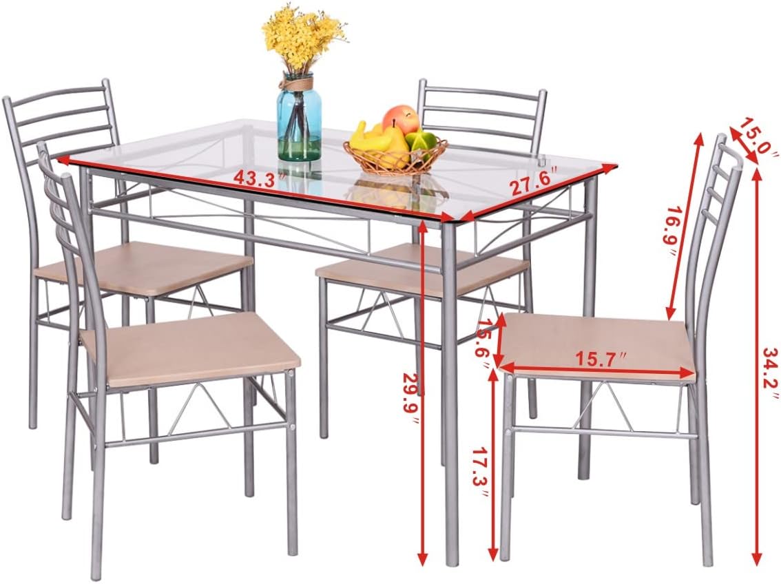 Modern Dining Table Set for 4, Dining Room Table Set with Glass Tabletop, Metal Frame and Wooden Seat, 5 Piece Kitchen Table and Chairs for Small Spaces