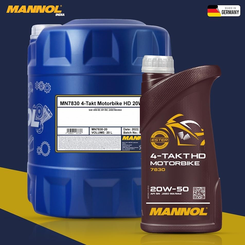Image of MANNOL 7830 (1L) 4-TAKT MOTORBIKE HD SAE 20W-50 API SN JASO MA /MA2 SYNTHETIC ENGINE OIL FOR 4-STROKE PETROL ENGINES OF BIKES,SCOOTERS AND MOTORCYCLES IMPORTED FROM GERMANY 1L (1)