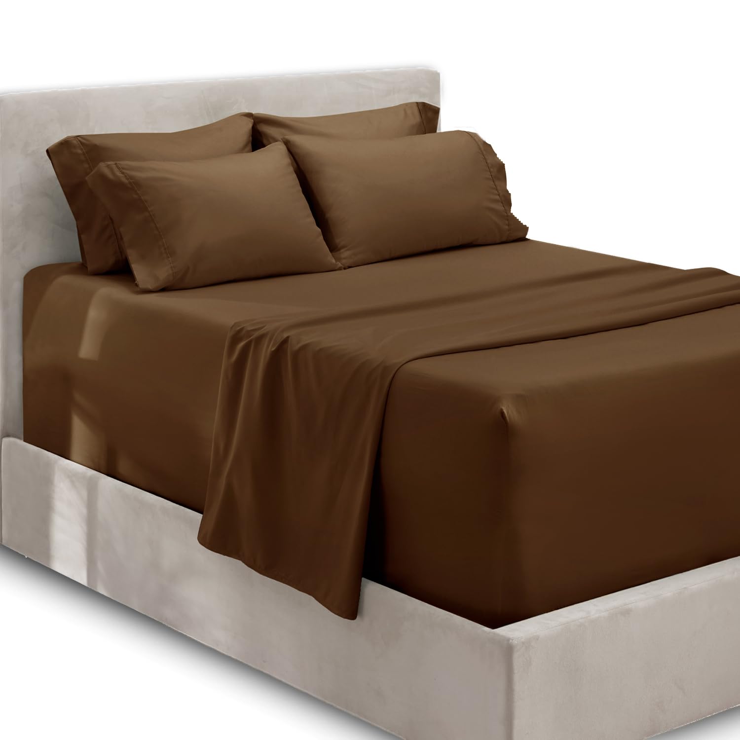 Hearth & Harbor Extra Deep Pocket Queen Sheets Sets - Fits Mattress 18-24 Inches Deep - Extra Deep Pocket Sheets - 6 Piece Queen Size - Queen - Brown Sheets