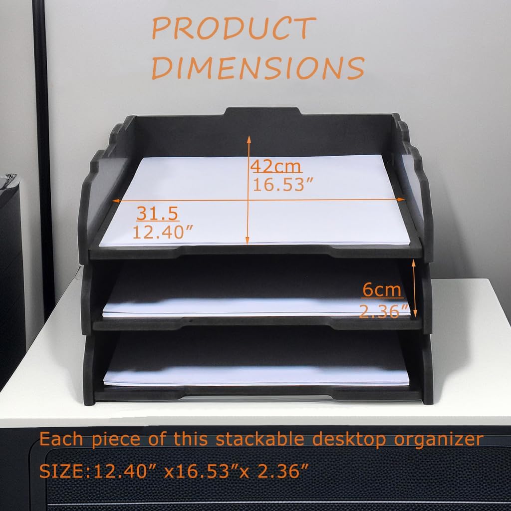 A3 Stackable Paper Tray, 3 Tier Desk File Organizer, Desktop Organizer for Office Supplies, File Storage, Letter Organizer /A3 Office File Folder,Home or Office School, White (Portrait-Black-3-Tier)