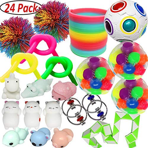 Jalousie 24 Pcs Sensory Toy Fidget Stress Relief Toy For Adults And Kids - Conform To Astm Toy Standard Value Bundle - Include Squeeze Balls Stretchy Strings Squishy Toy Puzzle Rubber Stringy Ball #TOP1