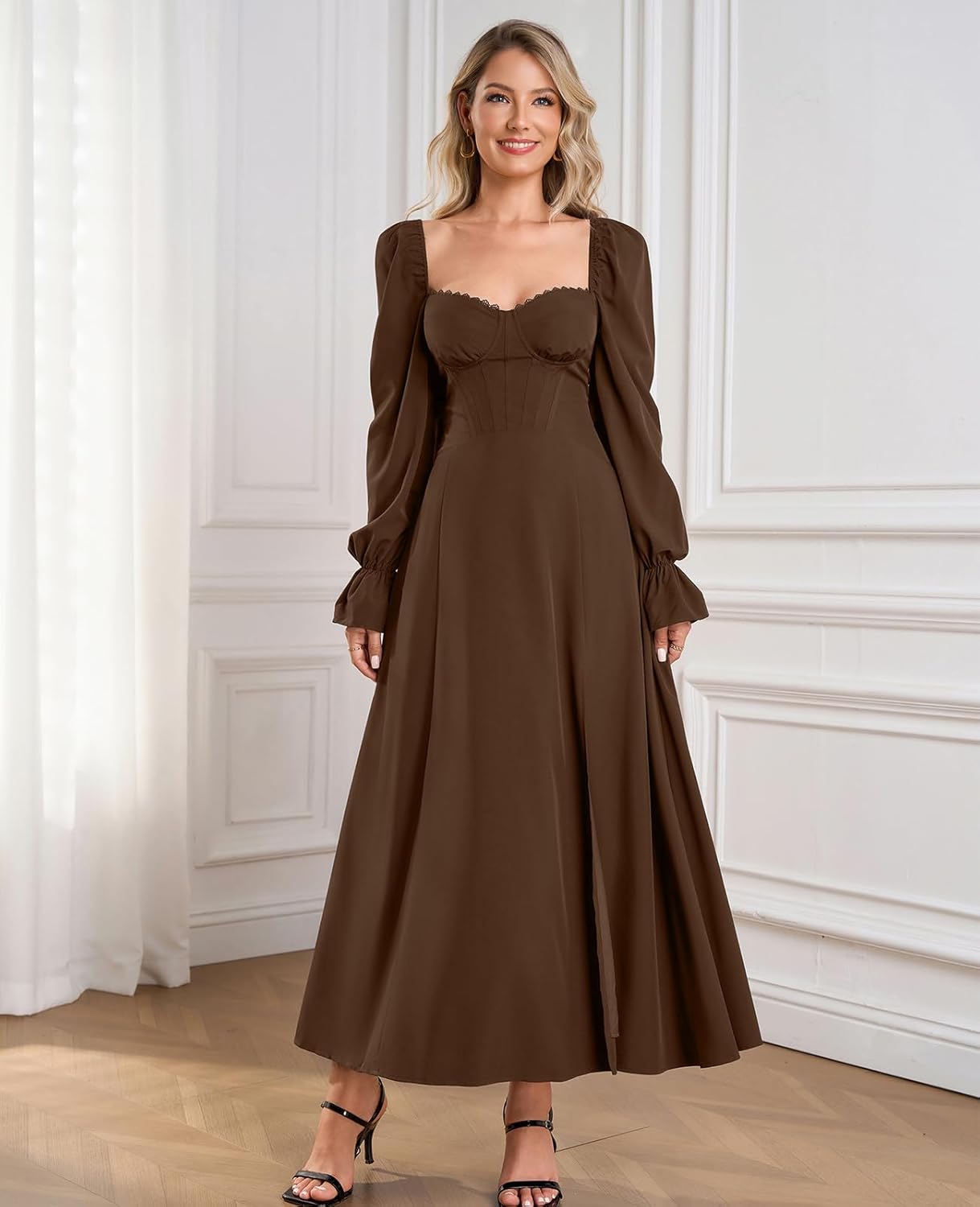 Women High Slit Long Sleeve Maxi Dress Fall Wedding Guest Sweetheart Neckline Casual Long Dresses - Image 3