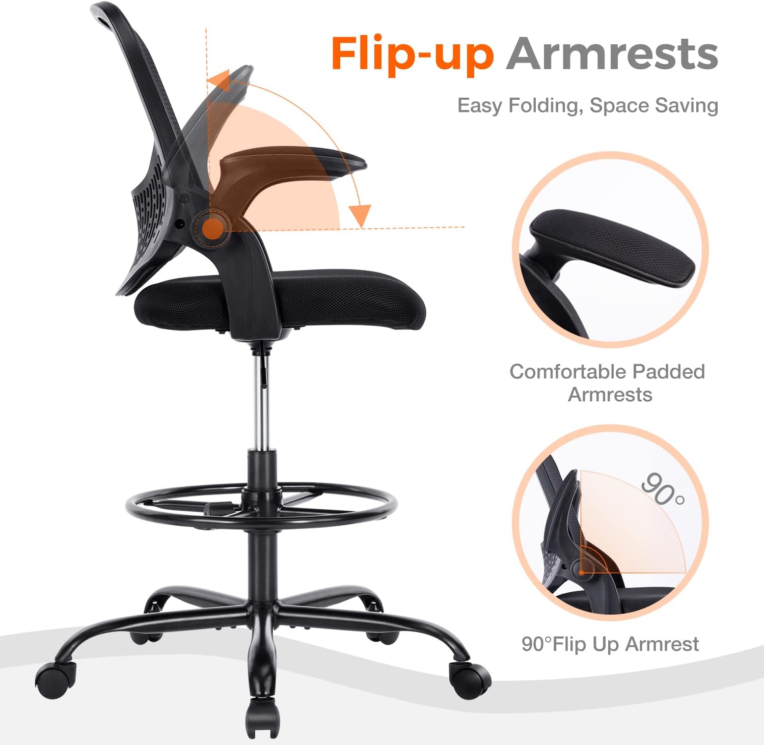 Drafting Chair, Standing Desk Chair, Tall Office Chair, Counter Height Office Chairs, Ergonomic Computer Task Chair, Adjustable Mesh Office Chair with Flip-up Armrests and Foot-Ring, Black : Office Products