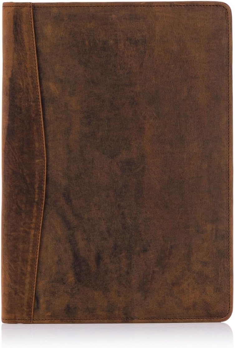 Leather Portfolio Folder for Men & Women – Professional Business Padfolio Organizer with 2 Pen Holders, Card Slots & Document Sleeve, Vintage Leather Conference Folder 13 x 10 Inch