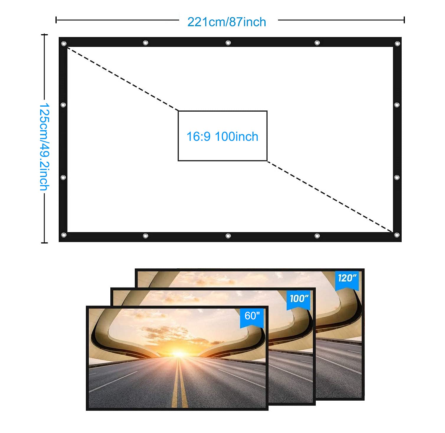 Schermo per proiettore HD da 100 Pollici 16: 9 Schermo da Interno per Esterno Portatile Pieghevole per Film Schermo per Supporto Home Theater Proiezione su Due Lati - Tenda Morbida addensata