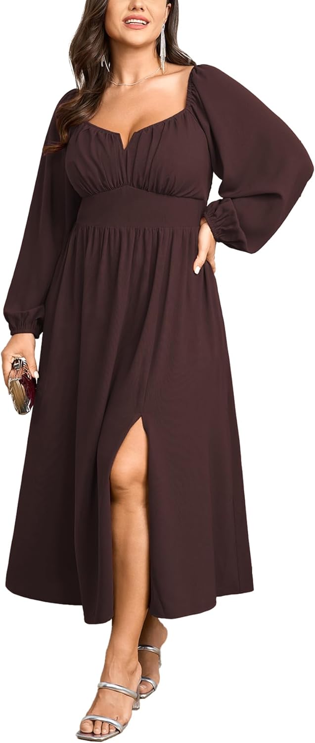 SCOMCHIC Women Plus Size Formal Dresses Long Sleeve Square Neck Wedding Guest Cocktail Split A-Line Maxi Long Dress
