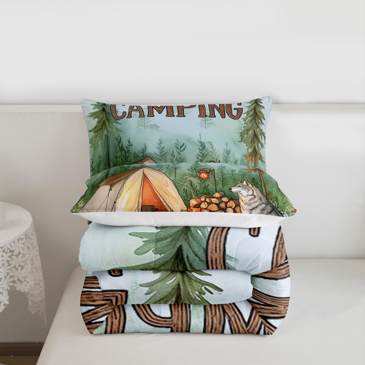 Homewish Zestaw pościeli kempingowej King Size - wilk namiot ognisko zestaw pościeli chłopcy leśne drzewo zestaw kołdry - kreskówka dzikie zwierzęta pościel wystrój pokoju kołdra bez pokrowca
