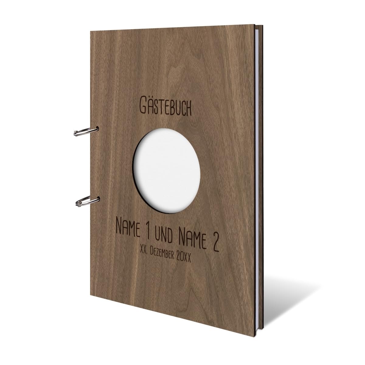 Hochzeit Gästebuch Okoume Holz Gravur individuell Holzcover mit 144 Naturpapier Innenseiten DIN A4 hoch 215 x 302 mm - Kreis