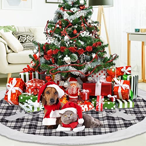 Buffalo Plaid Christmas Tree Skirt 48 in, Black and White Buffalo Check Christmas Tree Skirt with Faux Fur Edge for Holiday Christmas Decorations