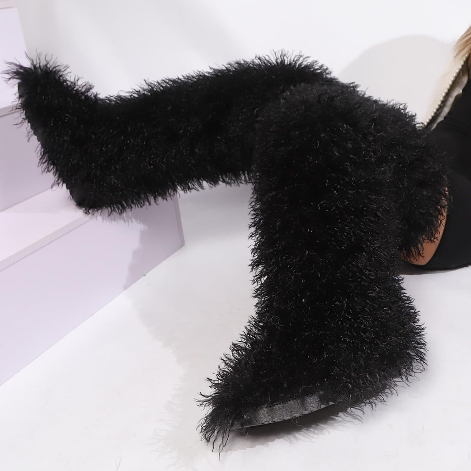 Black Thigh High Fur Boots, Over the Knee Fluffy High Boots, Tall Furry shoes for Women