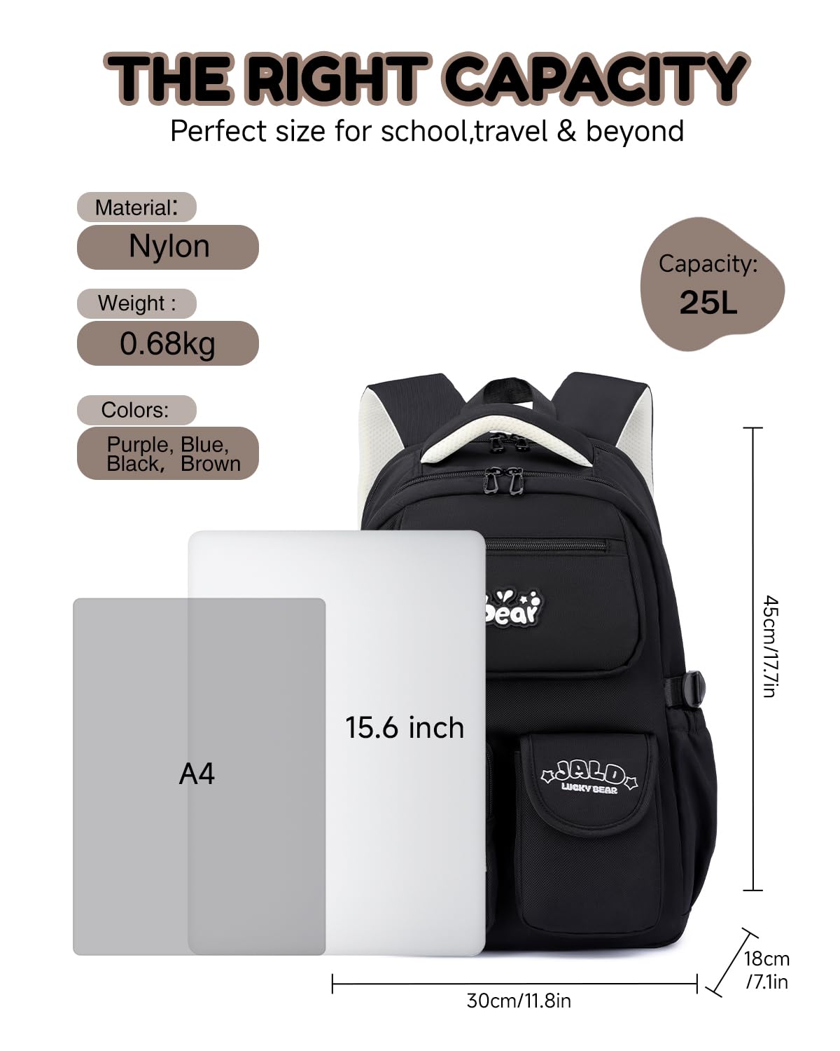 Amythe Sac à Dos Scolaire pour Filles Adolescentes, Cartable Fille Ergonomique Imperméable, Grand Sac D'école pour Primaire(CE2 CM1 CM2) Collège Lycée, 10-18 Ans -Noir