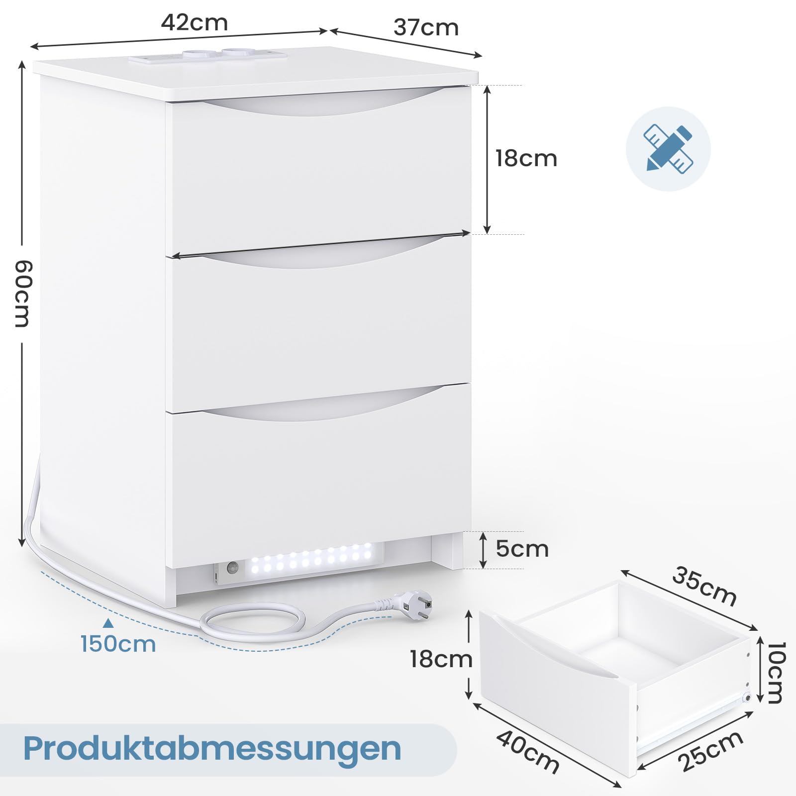 Brinlawb Nachttisch 2er Set mit LED-Beleuchtung und Ladestation (2 AC-Steckdosen & 2 USB-Anschlüsse) Nachtschrank 2er Set mit 3 Schubladen Beistelltisch für Schlafzimmer, Einfache Montage, Wohnzimmer