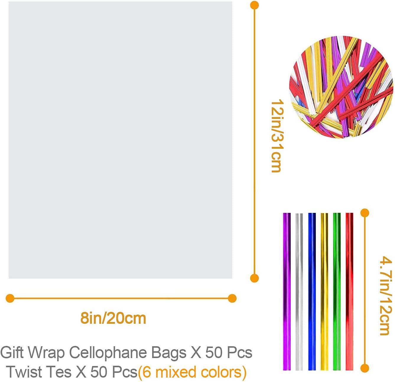 50 pcs Clear Cellophane Treat Bags 8 X12 Clear Cellophane Bags with 6 Mix Colors Twist Ties for Gift Wrapping,Packaging Candies,Cookie，Dessert,Bakery, Popcorn, Chocolate,Party Favor image 2
