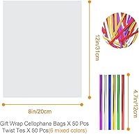 Vista 2 de 50 bolsas de celofán transparente de 8 x 12 pulgadas, bolsas de celofán de plástico transparente con 6 lazos de colores surtidos para envolver