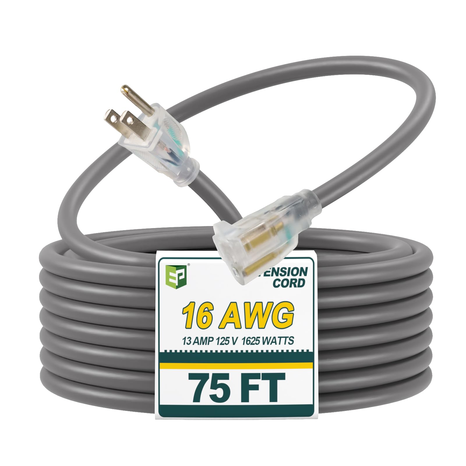 EP 75 Ft 16/3 SJEOW Heavy Duty Extension Cord, Grey Power Cable with LED Lighted Plug & 3-Prong Grounded Plug, Water-Resistant for Indoor/Outdoor Use,