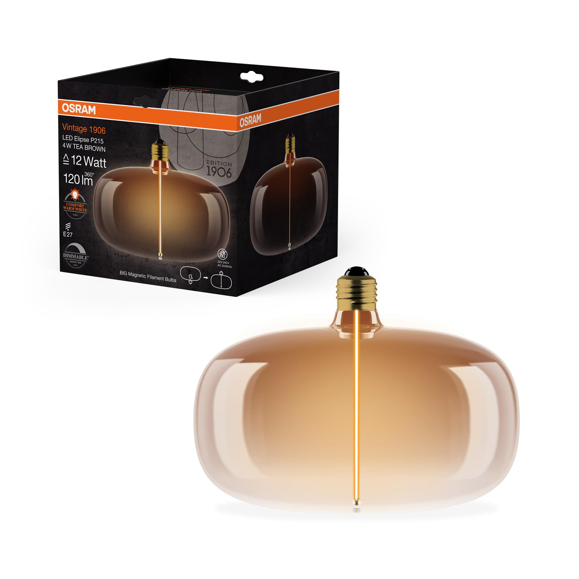 Osram Vintage 1906 Big Elipse ist eine dimmbare LED-Lampe mit Filament in Ellipsenform. Sie bietet 4 W für 120 lm, E27 Fassung, Tea Brown Glas, 215 mm Durchmesser, Farbwiedergabe CRI 80, 1800 K.