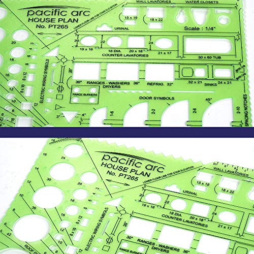 Image of Pacific Arc House Plans Templates Guide, with Stairs, Doors, Plumbing, Kitchen Appliances, and Roof Pitch Gauge, Scale of 1 /4 Inch to 1 Foot