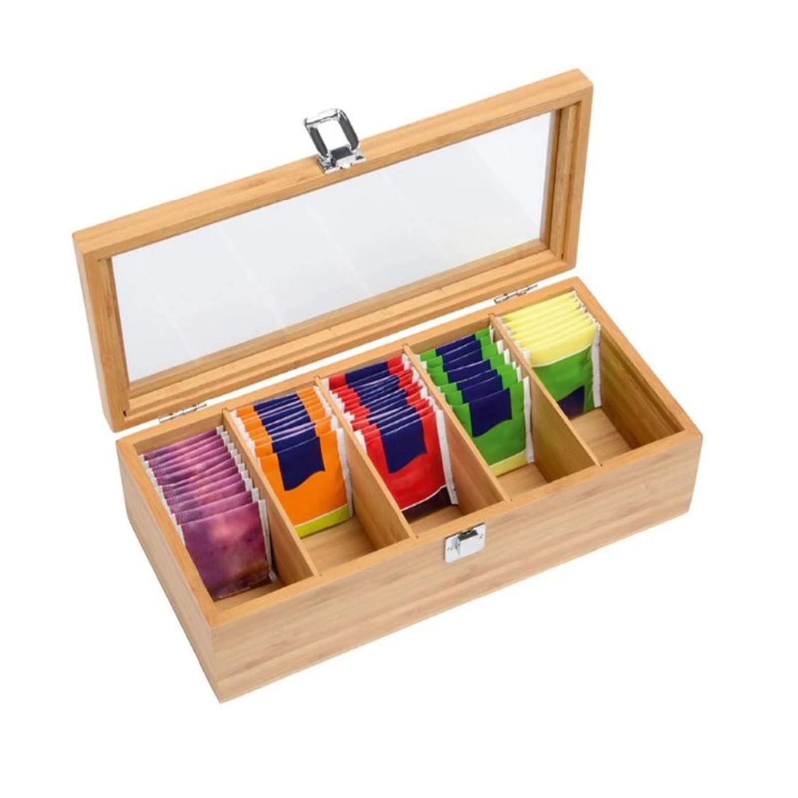 Bamboo Tea Box, Tea Box Organizer Storage Box with 5 Removable Compartments, 11.8 x 3.9 x 2.5 Inch Tea Bag Organizer, Snap Design, Sealed, Dry and Dustproof