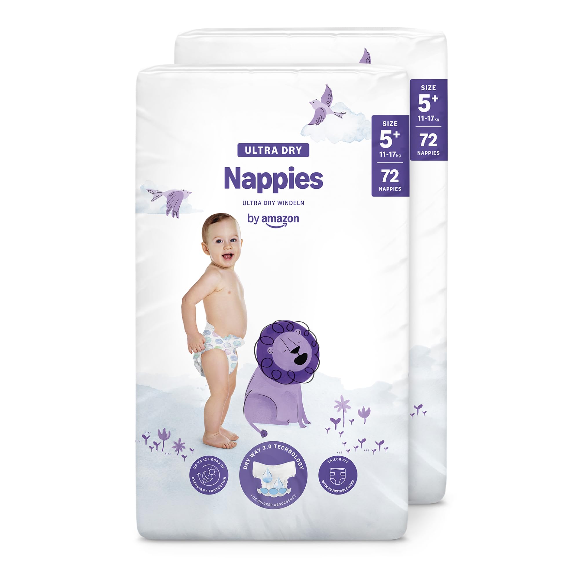 by Amazon Ultra Dry Nappies - Taglia 5+ (11-17kg) - con Canali - 144 Pannolini (2 Confezioni da 72) (Stesso Prodotto Commercializzato in Precedenza con il Marchio Mama Bear)
