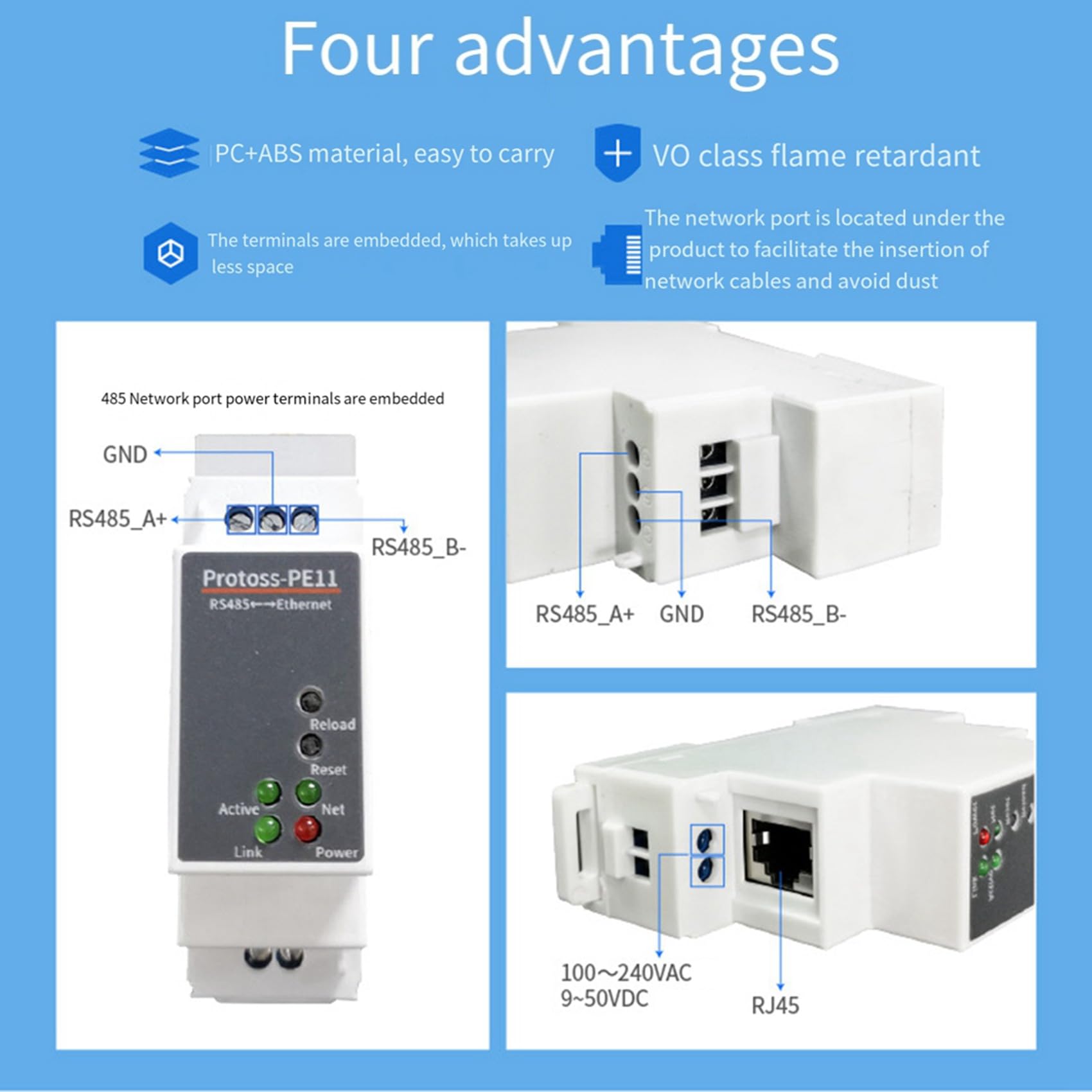 4X DIN Rail Serial Port RS485 a Ethernet Convertidor Servidor Protoss MQTT PE11-H Soporte Modbus RTU
