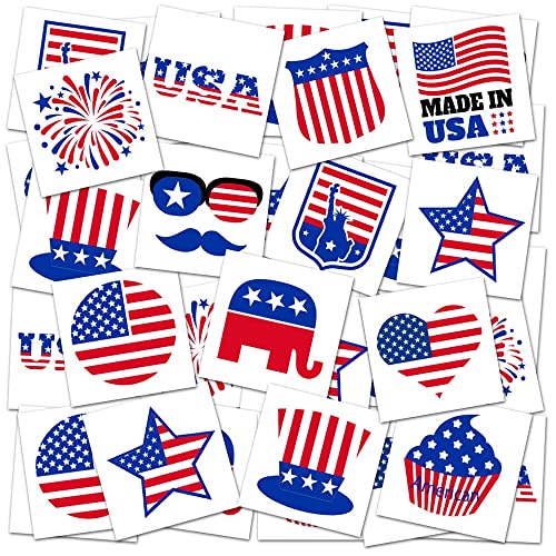 Artcreativity Patriotic Tattoos For Kids, Bulk Pack Of 144, July 4Th Party Favors, Non-Toxic 1.5 Inch Temporary Tats, Red, White, And Blue Accessories For Memorial, Veterans Day, Assorted Designs #TOP21
