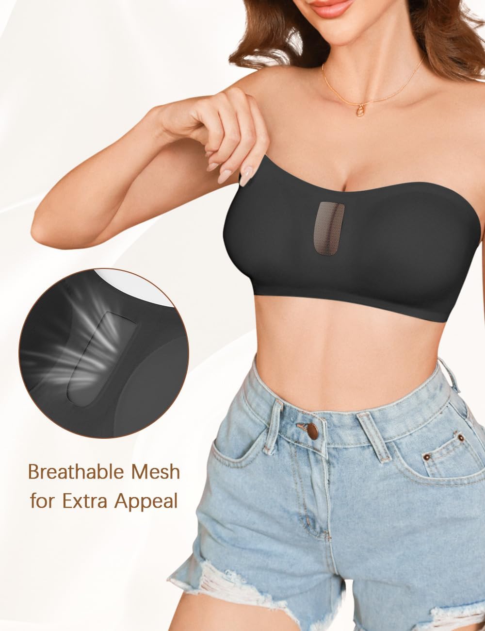 Womens Strapless Bras Back Closure Seamless Bandeau Bra Non-Slip Push Up Tube Top Wireless Padded Bralette with Mesh - Image 3