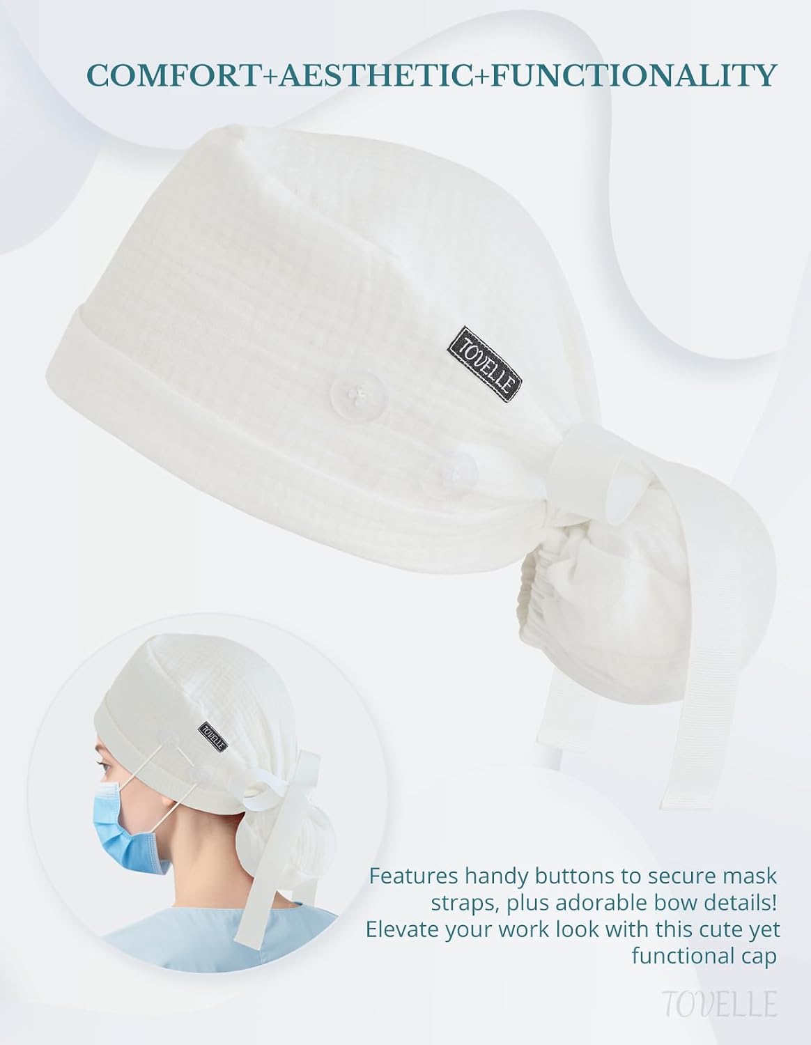 Ponytail Scrub Cap for Women – Solid Pure White Surgical Cap with Buttons, Cotton Ponytail Scrub Caps, Adjustable Surgical Hat for Women to Secure Long Hair