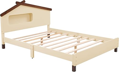 Miniatura 8 de Quarte Bonita cama de plataforma de tamaño matrimonial con cabecero y estribo en forma de oso, marco de cama de madera para dormitorio, no requiere