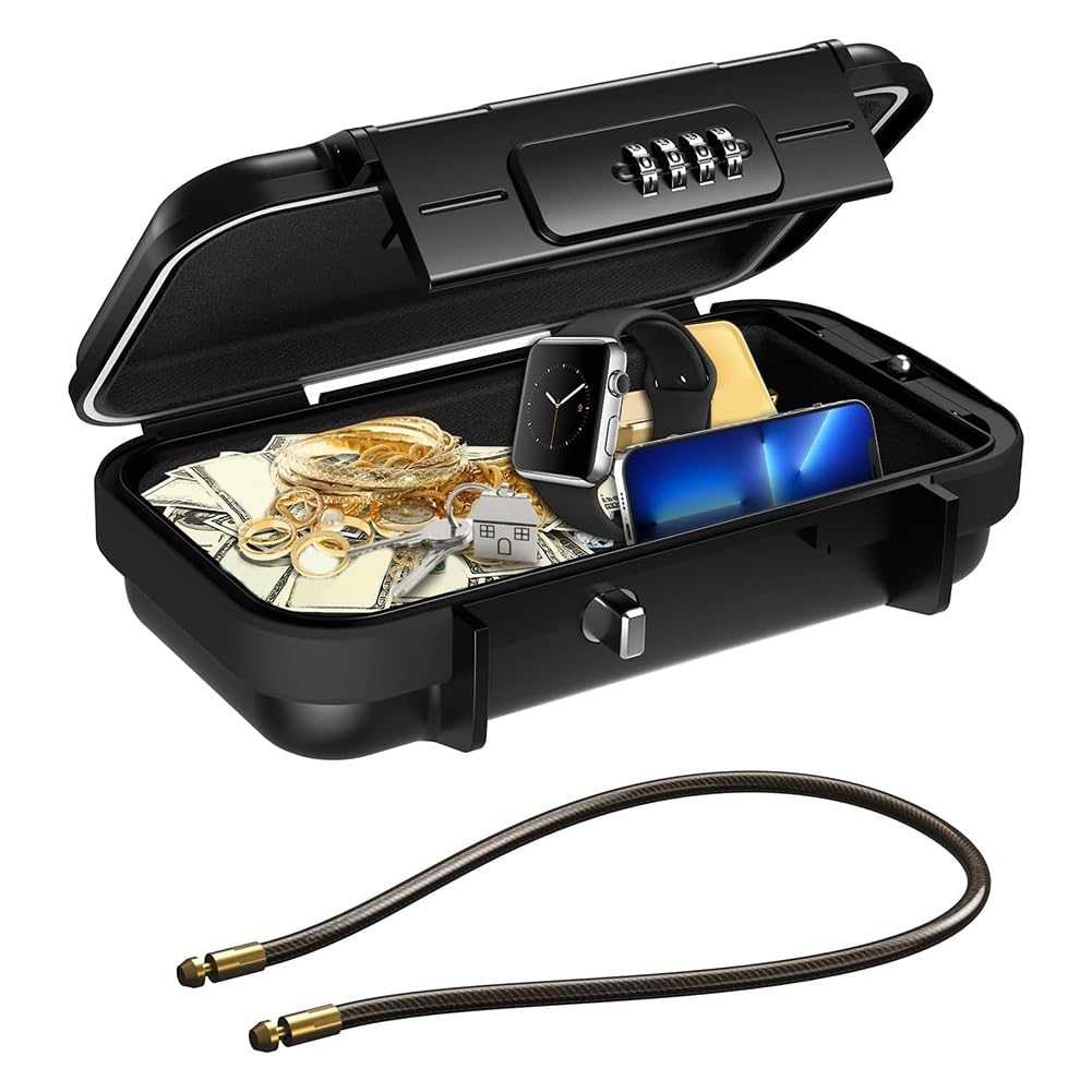 Portable Mini Travel Safe Box, Waterproof and Anti-Theft, Security LockBox with Combination Code for Travel B