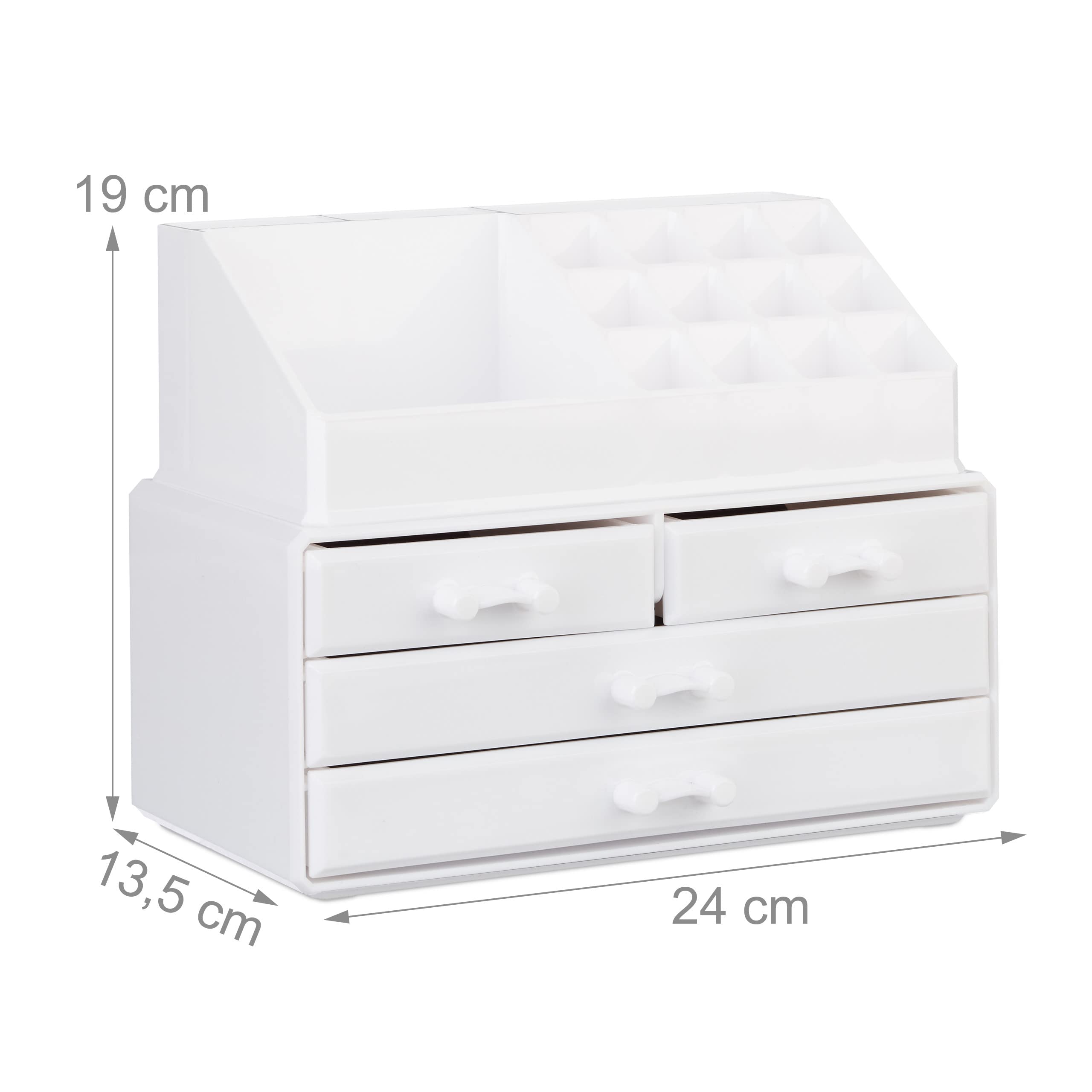 Relaxdays Organizer Make-up, Contenitore con Porta-Rossetti e 4 Cassetti, Acrilico, Beauty Box Salvaspazio, Bianco