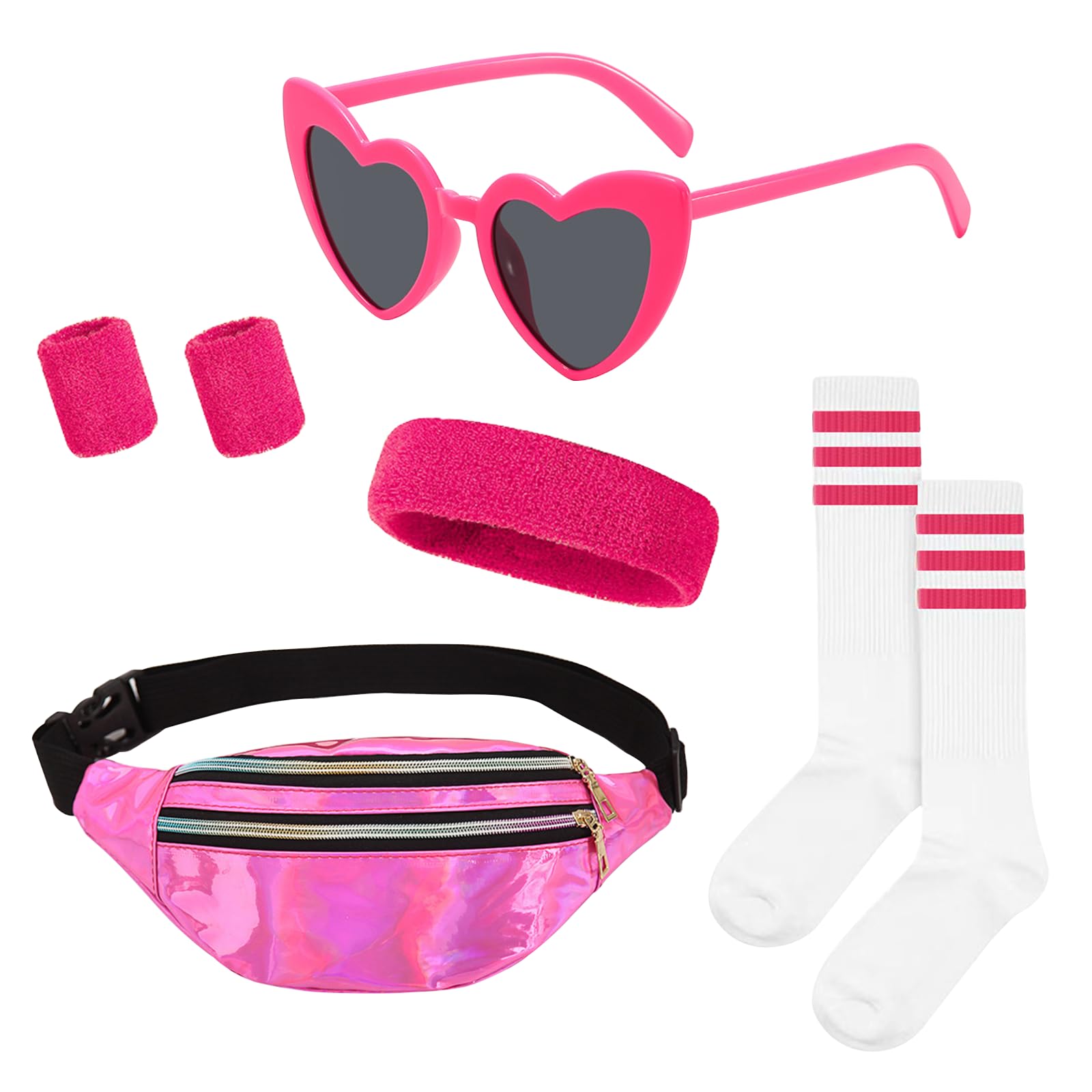 CONNECTION 80s Fancy Dress for Women Girls 7Pcs Ladies 80s Accessories 80s 90s Outfits for Women with Neon Headband Sunglasses Wristbands Sock Bum Bag for Retro Theme Hen Do Party Carnival (Rose Red)