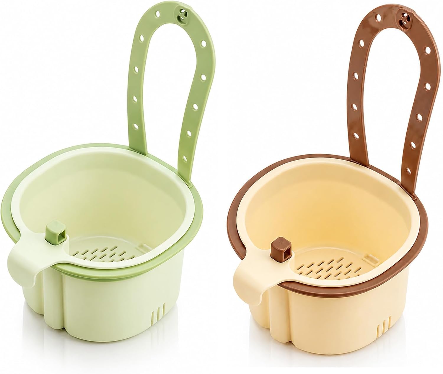 Hanging Sink Drain Basket, Faucet Mount Sink Strainer with Self-Cleaning Dump Design for Food Scraps, Fruit Rinsing, Sponge Storage & Kitchen Use (Green+Brown)