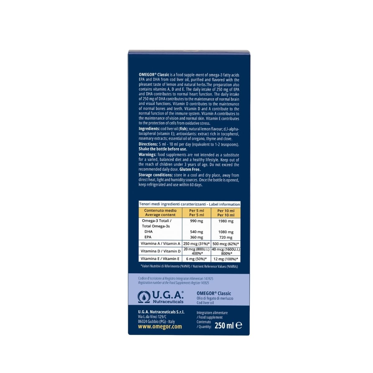 Olio di Fegato di Merluzzo Liquido OMEGOR Classic 250ml - Senza Retrogusto di Pesce - Omega 3 Liquido 1000mg con Vitamine A, D, E - 540mg DHA 360mg EPA