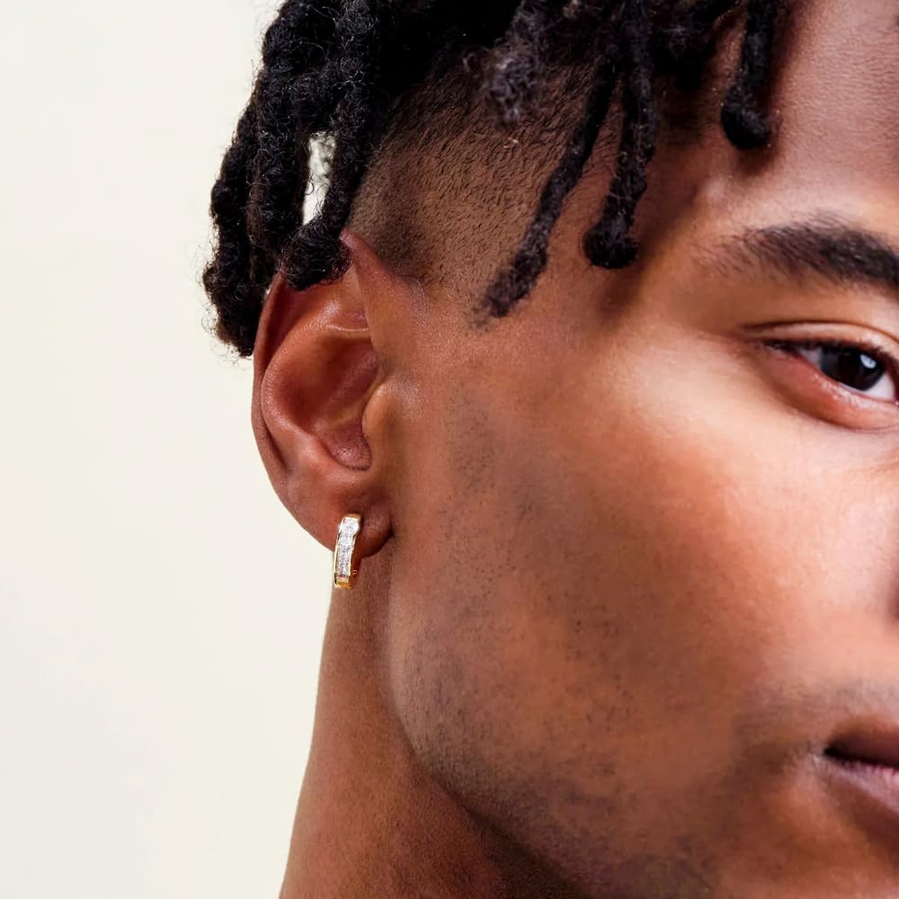 Yellow Gold Plated 925 Sterling Silver Square Princess Cut Iced 5A Cz Trendy Classic Unisex 14mm Hoops Hypoallergenic Huggie Hoop Earrings For Men Women - Image 2