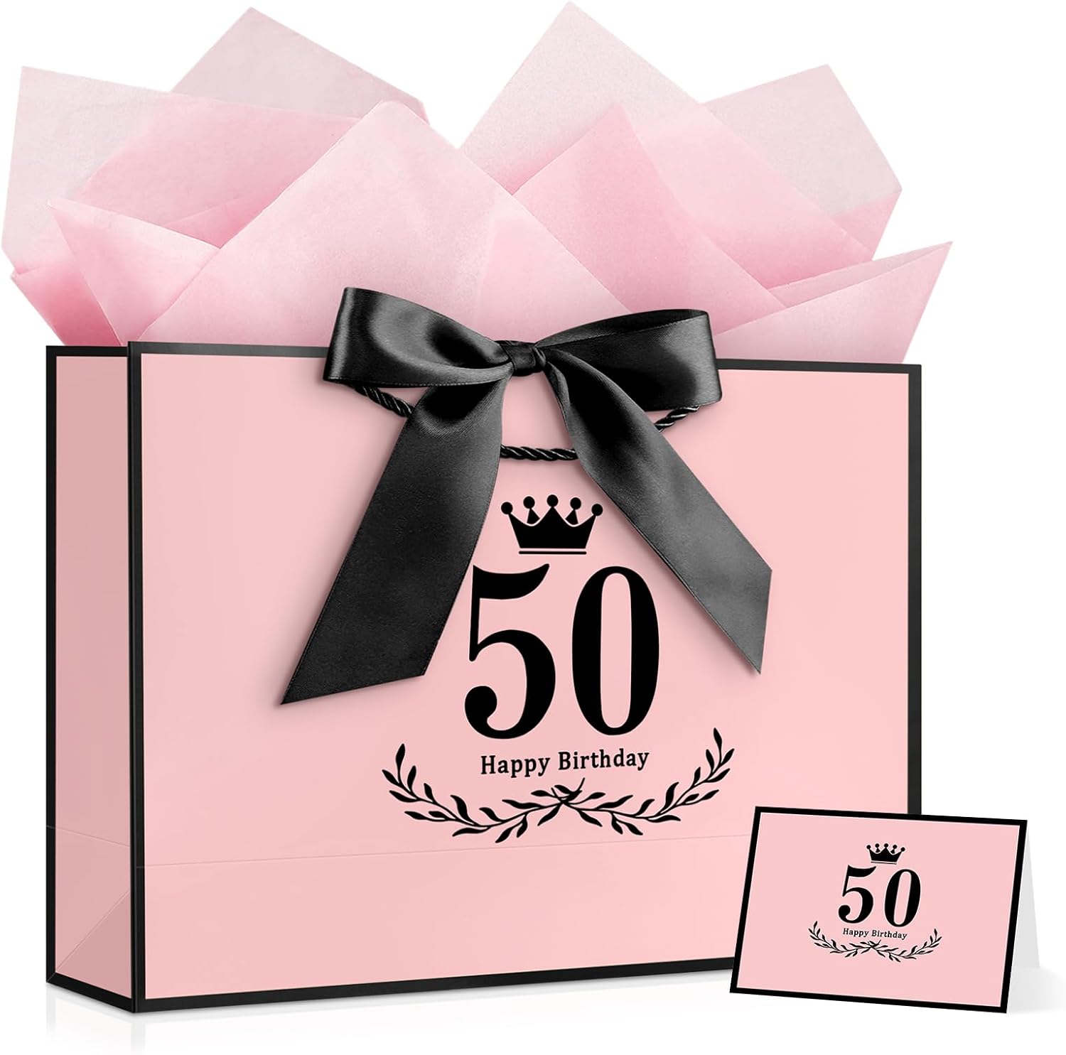 JMANNI 50th Birthday Gift Bag, Pink with Black Satin Bow & Crown Design, Medium Happy 50th Birthday Present Bag for Party Favors, Size 12.60"x8.66"x4.33"