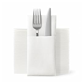 JEBBLAS Disposable Cloth Like Napkins, Built-in Flatware Pocket, Wedding Party Linen Feel White Napkin, Prefolded for Silverware,150 Count (150 Pack)