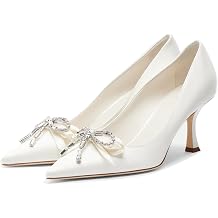 Women's Pointed Toe Pumps with Crystal Rhinestone Bow Closed Toe High Kitten Heels with Stilettos Slip On Evening Wedding Party Prom Dress Shoes Patent Leather White Size 8