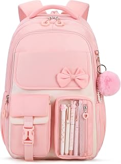 Girls Backpack, School Backpack for Girls, Cute Bow Kids Bookbag for Grils Children Teens for Elementary Middle High School Student, Pink