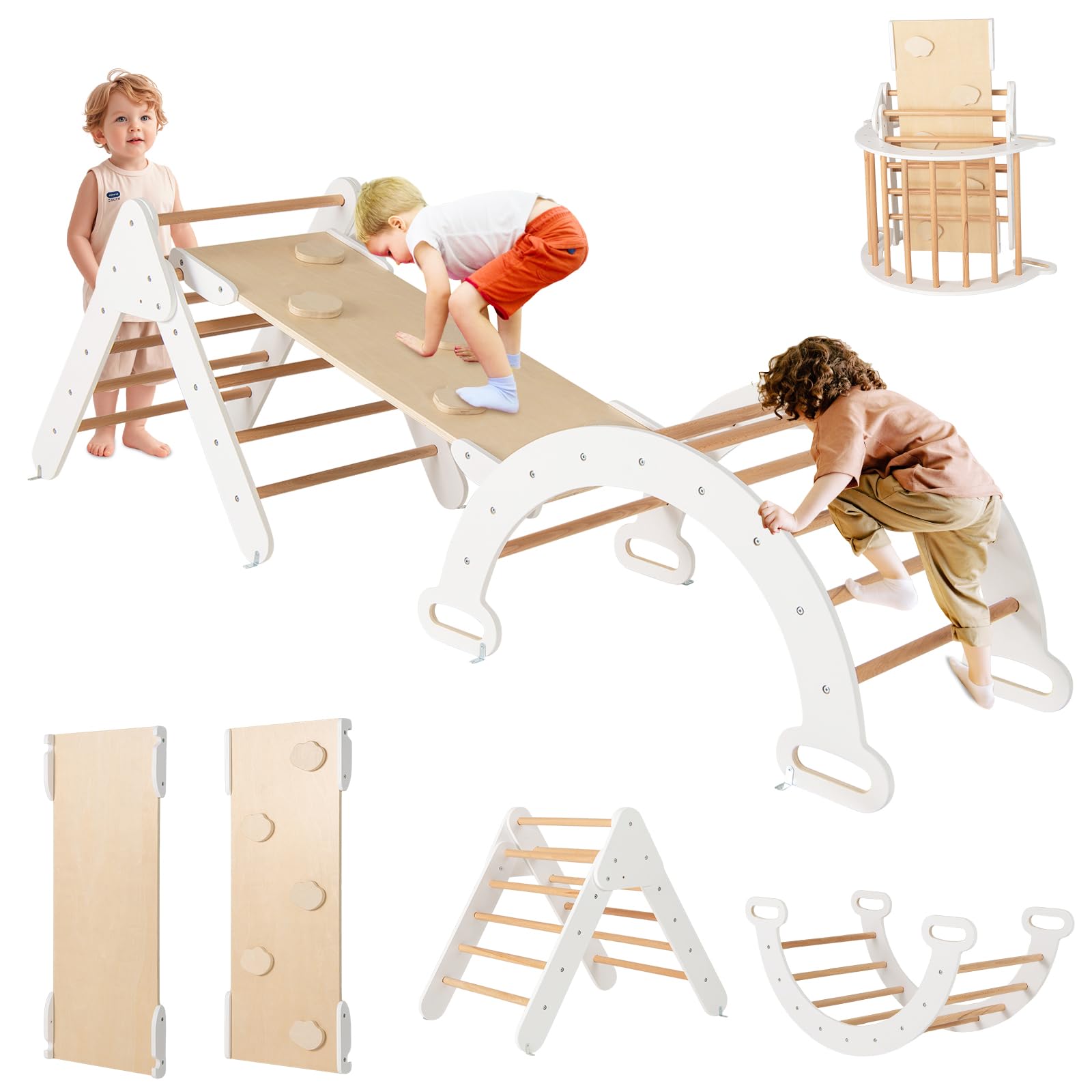 RELAX4LIFE 4 in 1 Triangolo da Arrampicata con Scivolo per Bambini, Arco da Arrampicata e Scala per Arrampicarsi in Legno, Montessori Giocattoli Bimbi 2 3 4 5 Anni