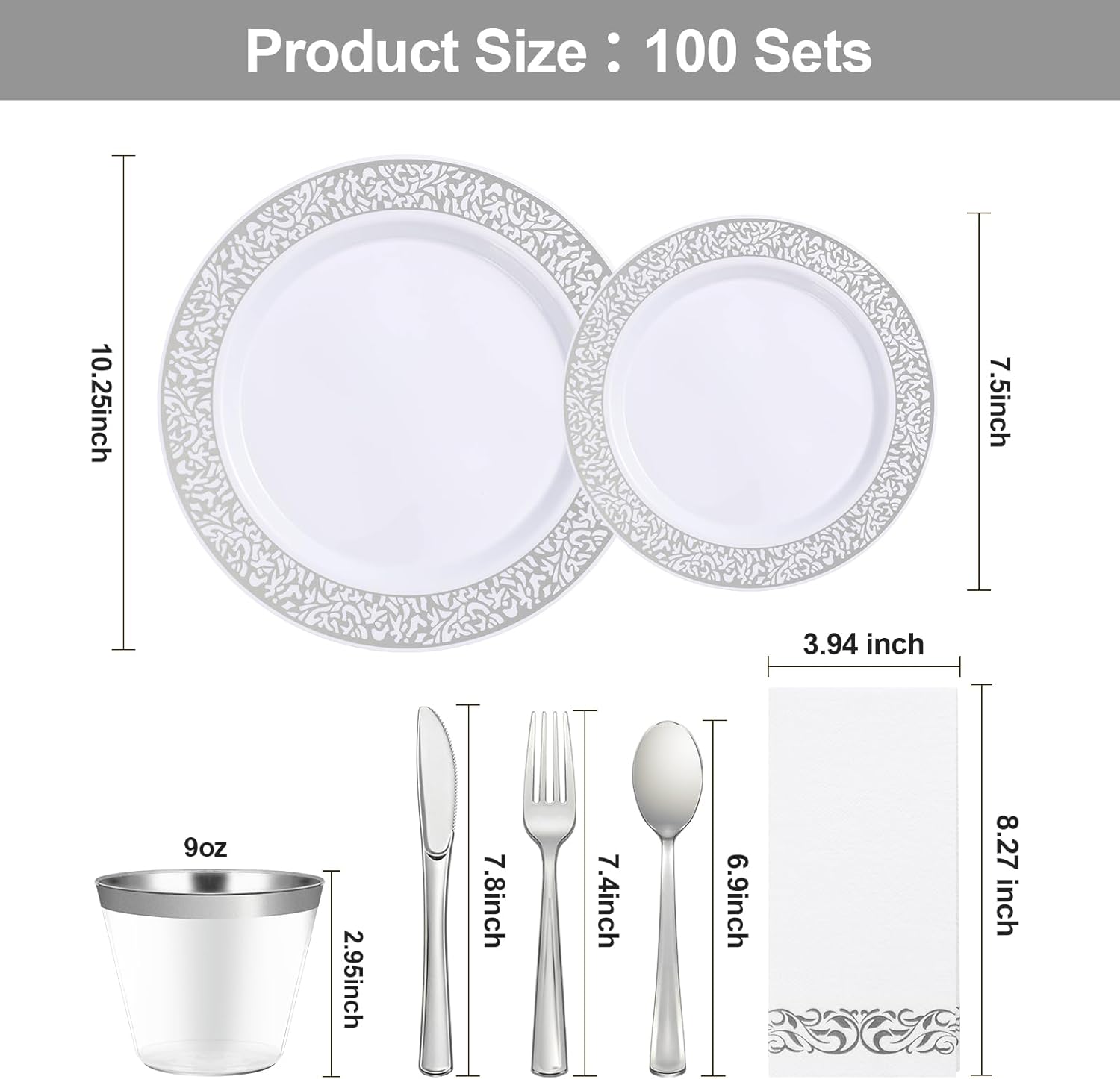 700PCS Silver Plastic Dinnerware Set for 100 Guests, Disposable Plates for Party, Include 100 Dinner Plates, 100 Dessert Plates, 100 Set Silver Silverware, 100 Cups, 100 Napkins - Image 2