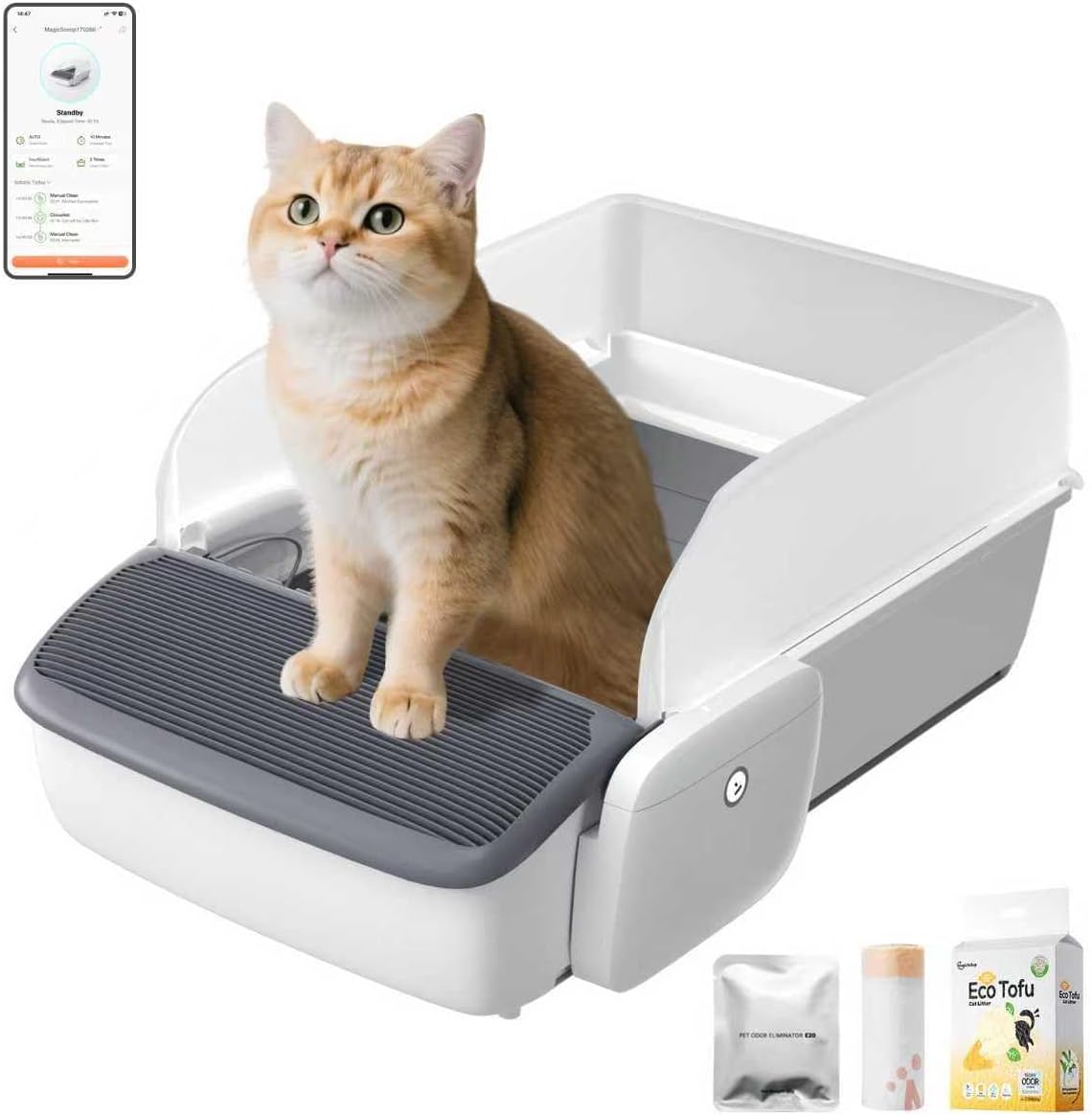 smart self-cleaning cat litter box with app control, automatic odor-free litter box for multiple cats, large waste bin & trash bags included, open-top design, infrared safety sensors